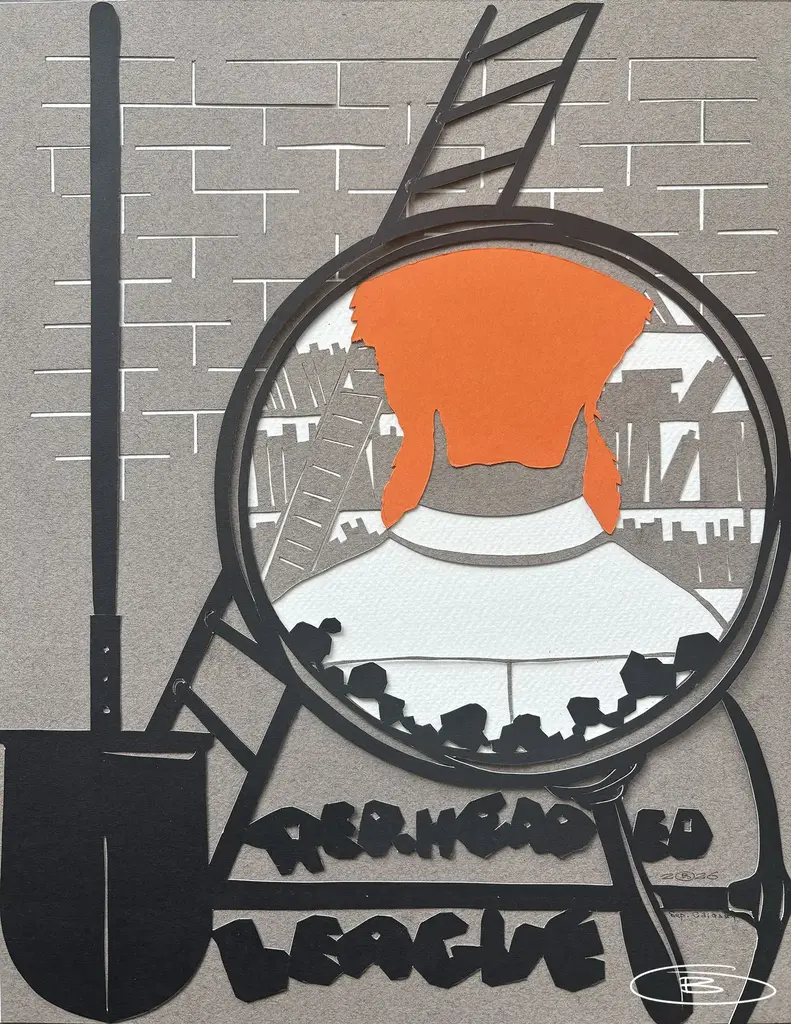 Paper-cut (vytynanka) illustration titled Afterhead League, showing a shovel, ladder and brick wall around a circular emblem, by Oleh Bolyuk, 2026