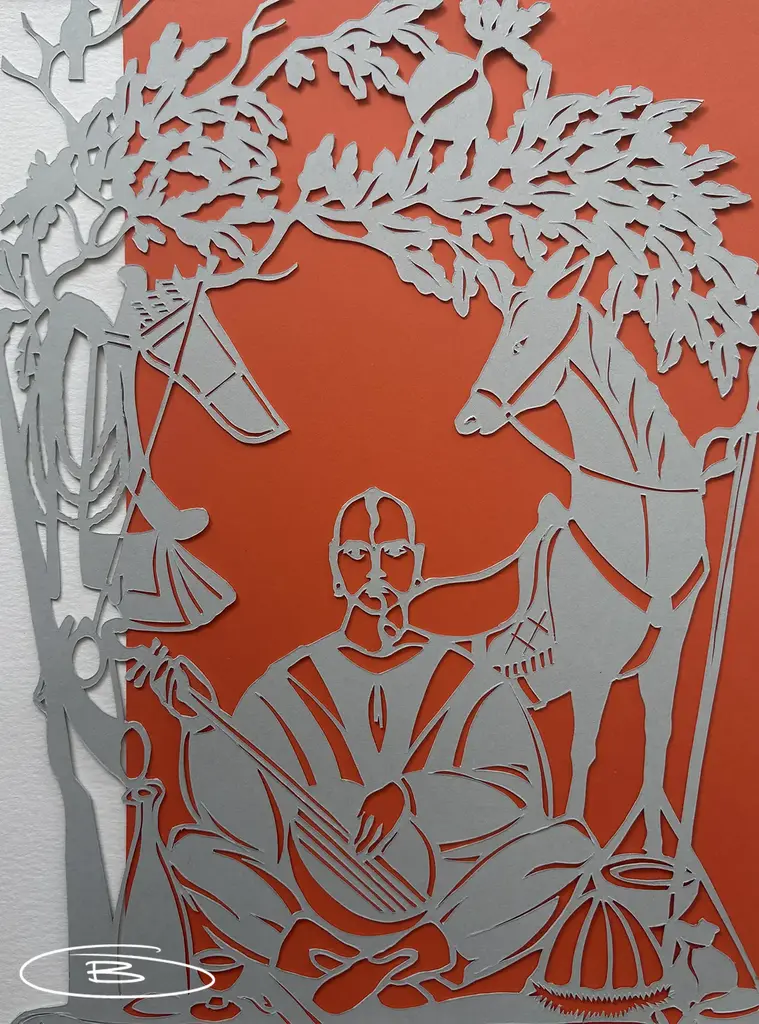 Paper-cut (vytynanka) portrait of Mamay, a kobzar seated with a deer and trees, by Oleh Bolyuk, 2026