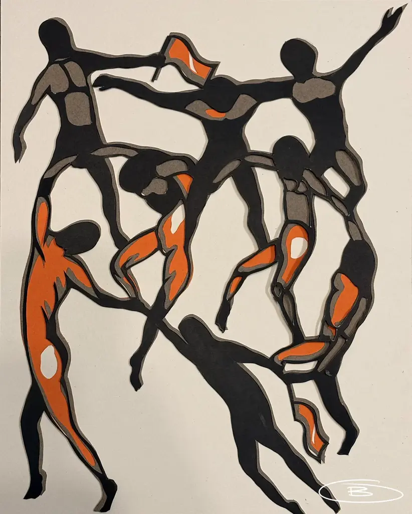 Paper-cut (vytynanka) composition of interlocking dancing figures in black, gray and orange, by Oleh Bolyuk, 2026