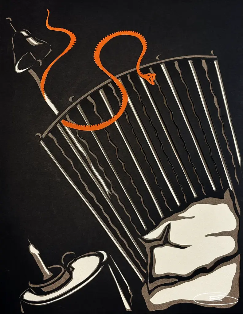 Paper-cut (vytynanka) illustration of an orange speckled snake descending a ventilator onto an iron bedstead, by Oleh Bolyuk, 2026