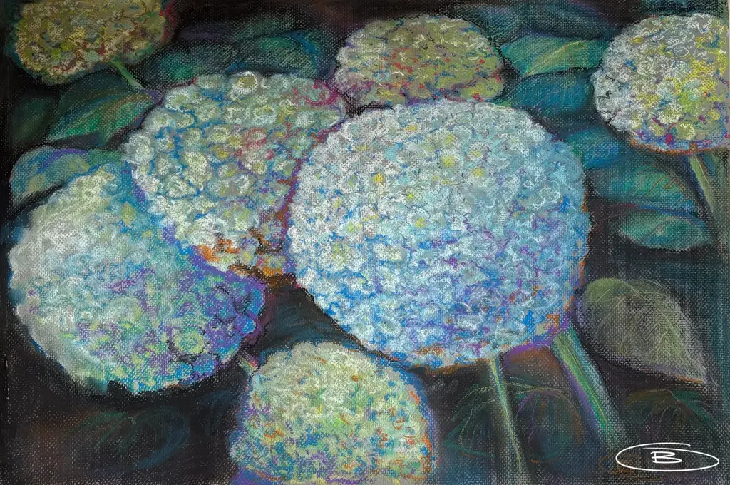 Pastel painting of clustered white and blue hydrangea blooms among green leaves, by Oleh Bolyuk, 2026